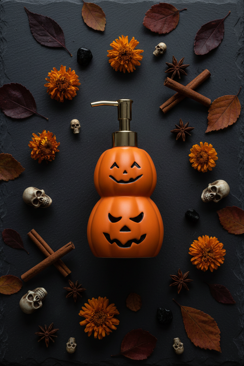 Halloween Pumpkin Soap Dispenser - Dark Moody Flat Lay